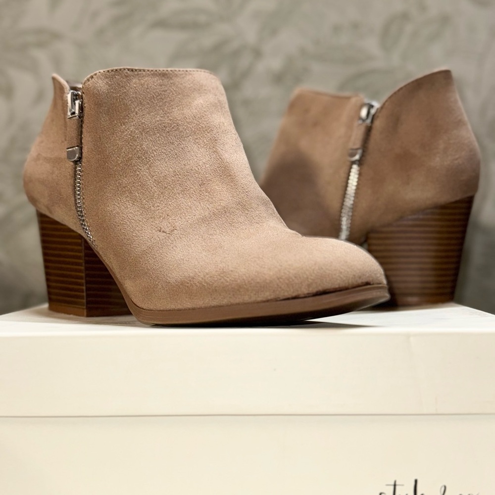Style & Co Tan Ankle Booties with Stacked Heel